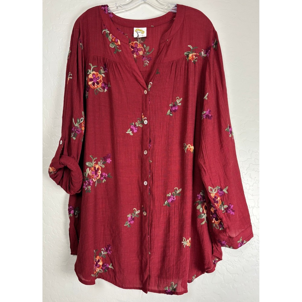 Fig and‎ Flower Burgundy Floral Embroidered Button Down Blouse Top 2X 2094